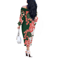 Green Orange Hibiscus Plumeria Floral Off The Shoulder Long Sleeve Dress - Polynesian Pride
