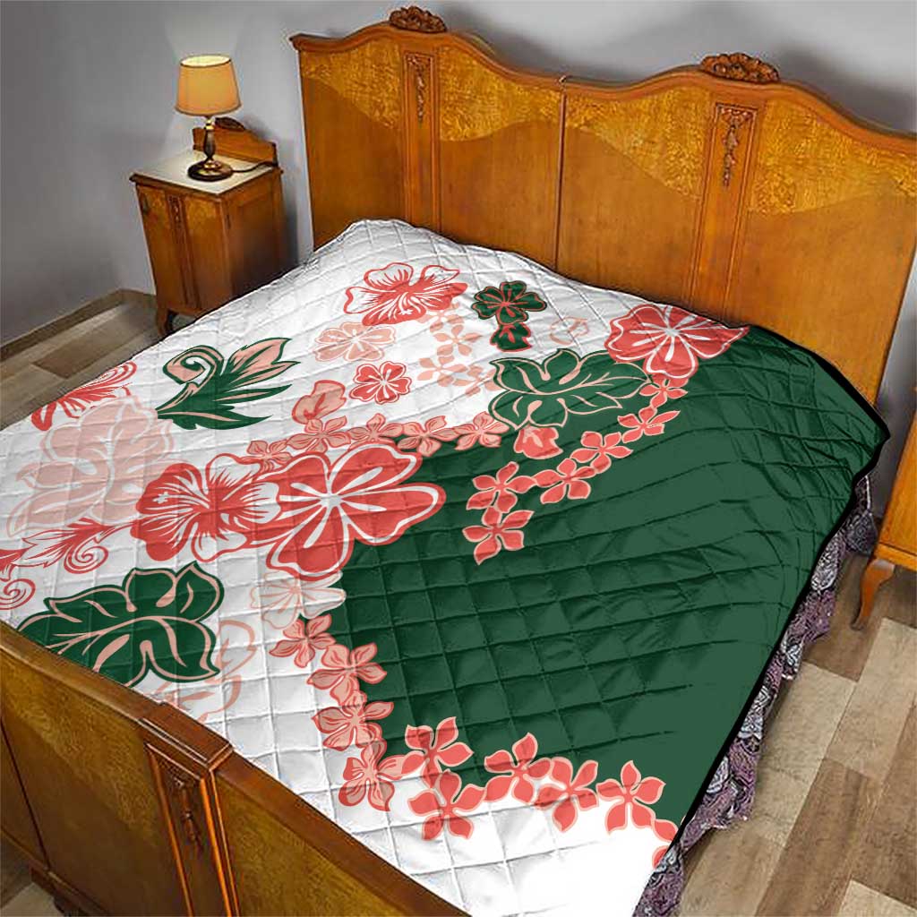 Green Orange Hibiscus Plumeria Floral Quilt - Polynesian Pride