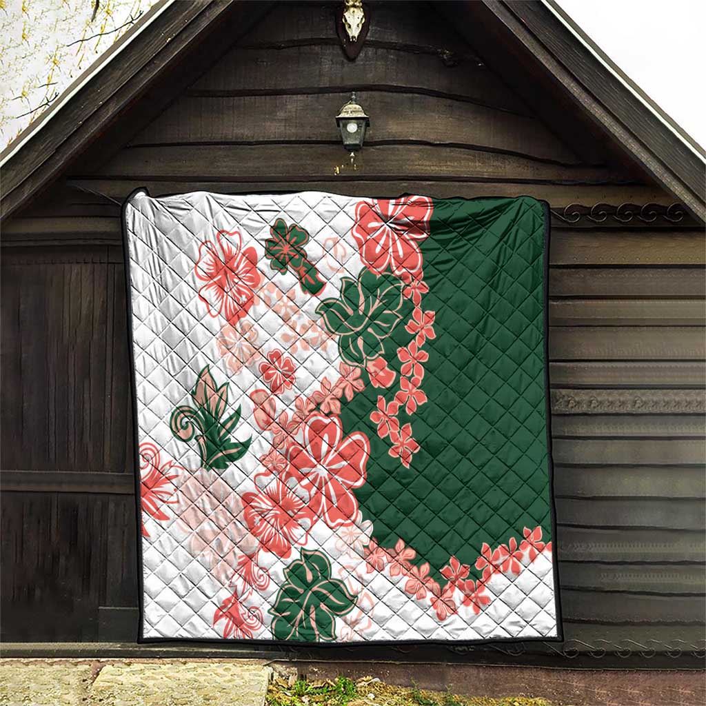 Green Orange Hibiscus Plumeria Floral Quilt - Polynesian Pride