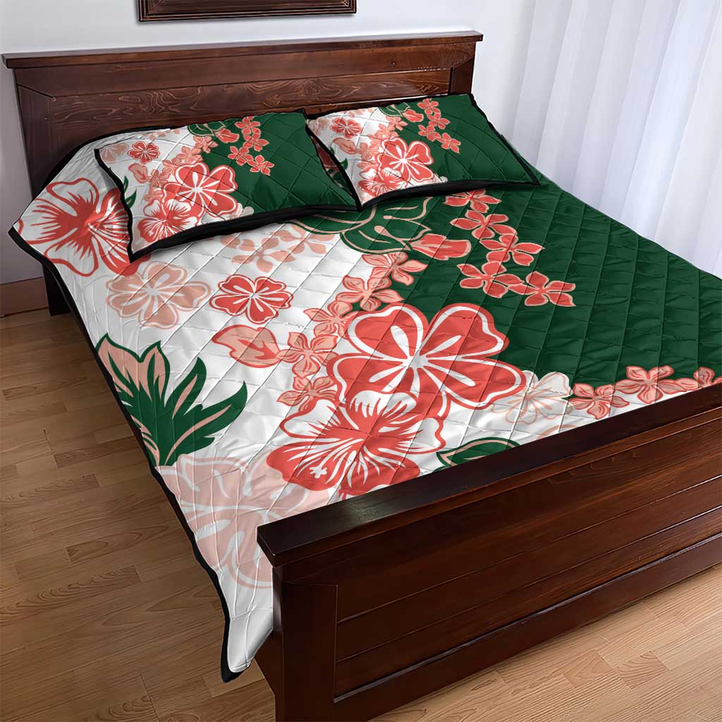 Green Orange Hibiscus Plumeria Floral Quilt Bed Set - Polynesian Pride