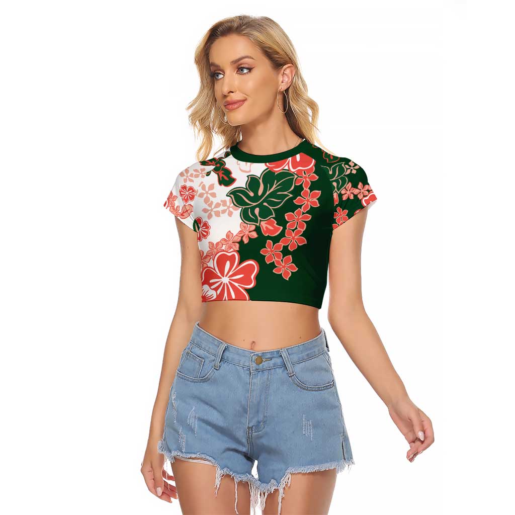 Green Orange Hibiscus Plumeria Floral Raglan Cropped T Shirt - Polynesian Pride