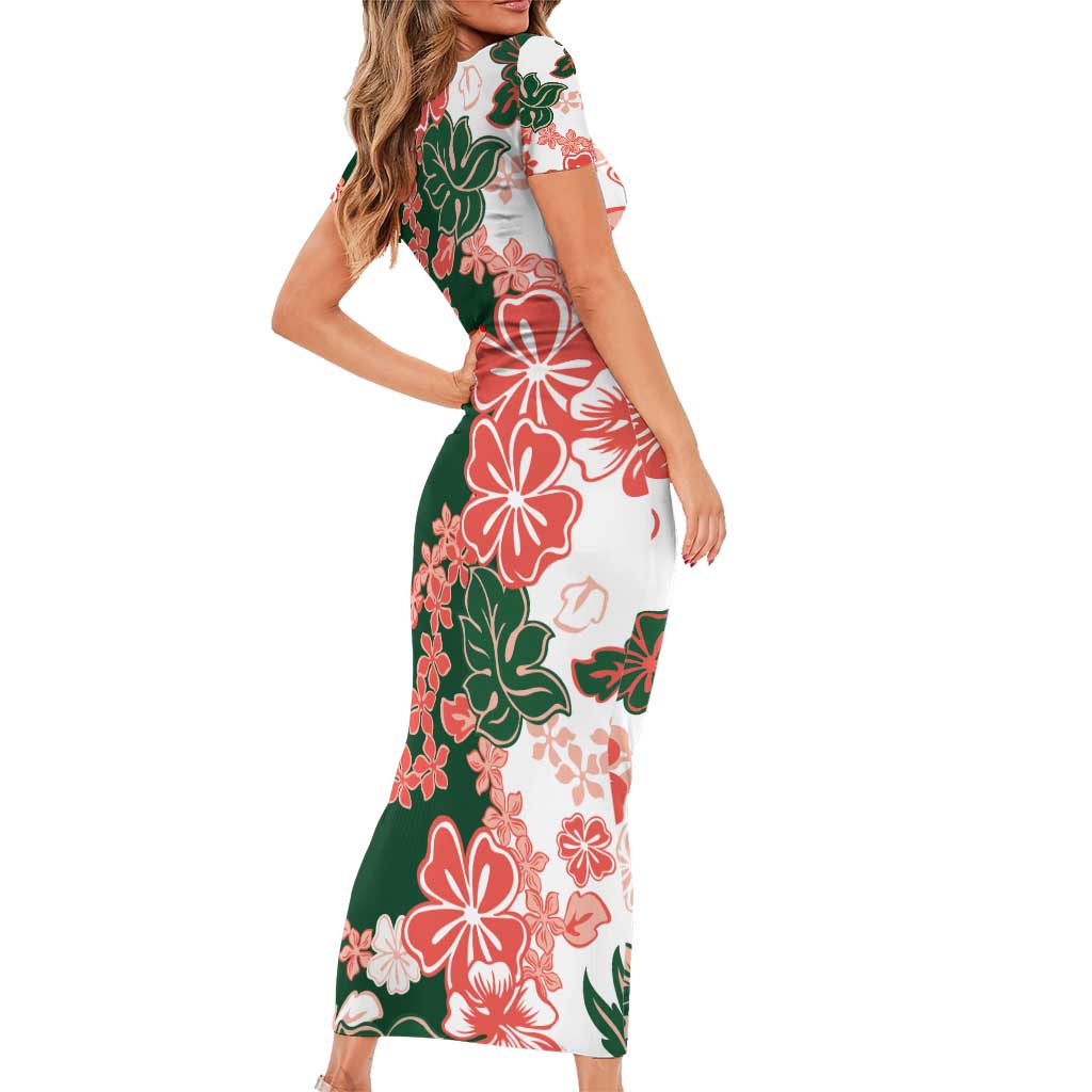 Green Orange Hibiscus Plumeria Floral Short Sleeve Bodycon Dress - Polynesian Pride