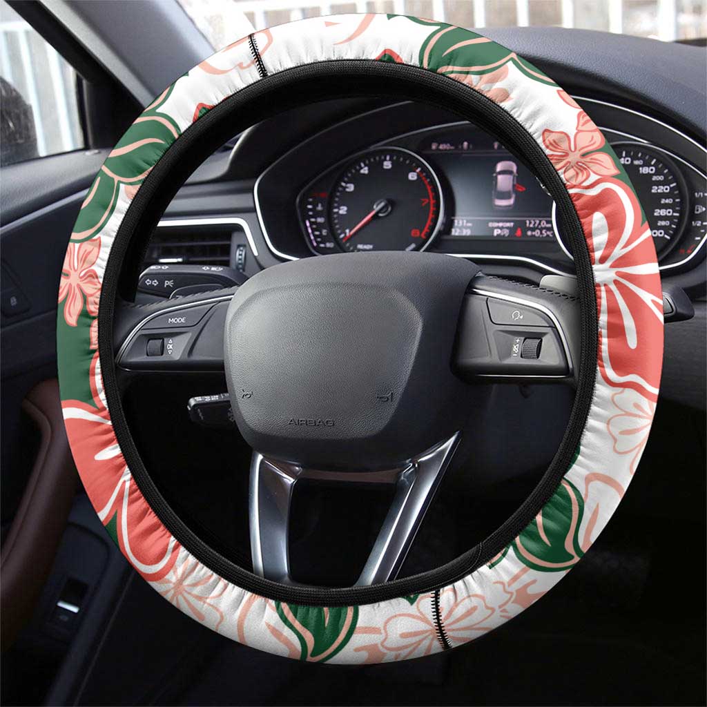 Green Orange Hibiscus Plumeria Floral Steering Wheel Cover - Polynesian Pride