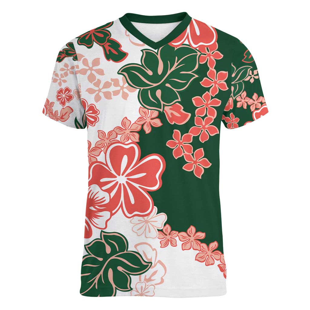 Green Orange Hibiscus Plumeria Floral Women V-Neck T-Shirt - Polynesian Pride