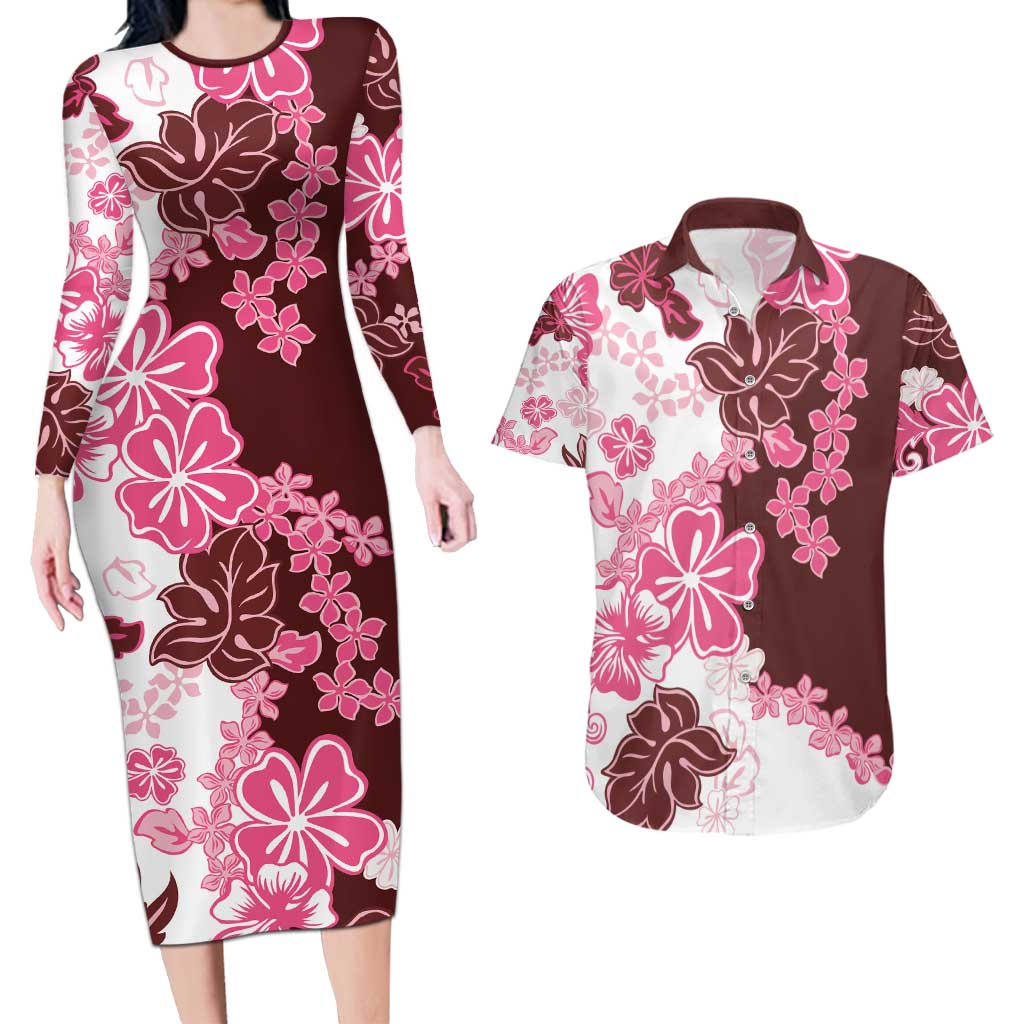 Pink Hibiscus Plumeria Floral Couples Matching Long Sleeve Bodycon Dress and Hawaiian Shirt - Polynesian Pride