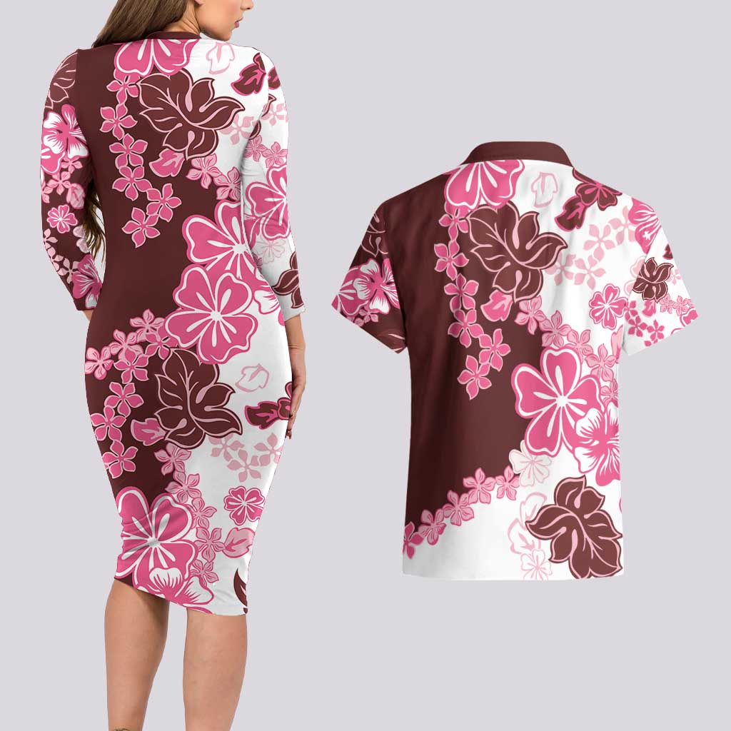 Pink Hibiscus Plumeria Floral Couples Matching Long Sleeve Bodycon Dress and Hawaiian Shirt - Polynesian Pride