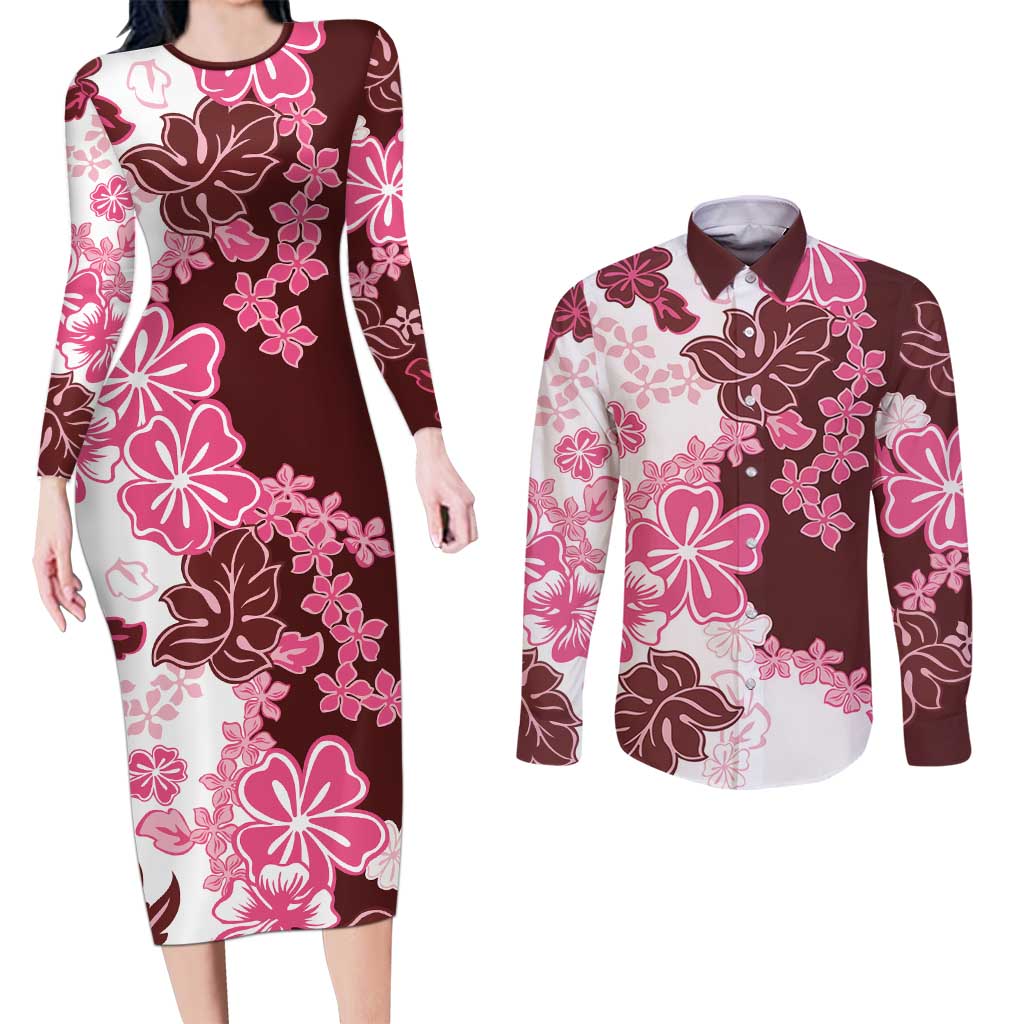 Pink Hibiscus Plumeria Floral Couples Matching Long Sleeve Bodycon Dress and Long Sleeve Button Shirt LT01 Pink - Polynesian Pride