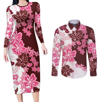 Pink Hibiscus Plumeria Floral Couples Matching Long Sleeve Bodycon Dress and Long Sleeve Button Shirt LT01 Pink - Polynesian Pride