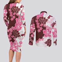Pink Hibiscus Plumeria Floral Couples Matching Long Sleeve Bodycon Dress and Long Sleeve Button Shirt LT01 - Polynesian Pride