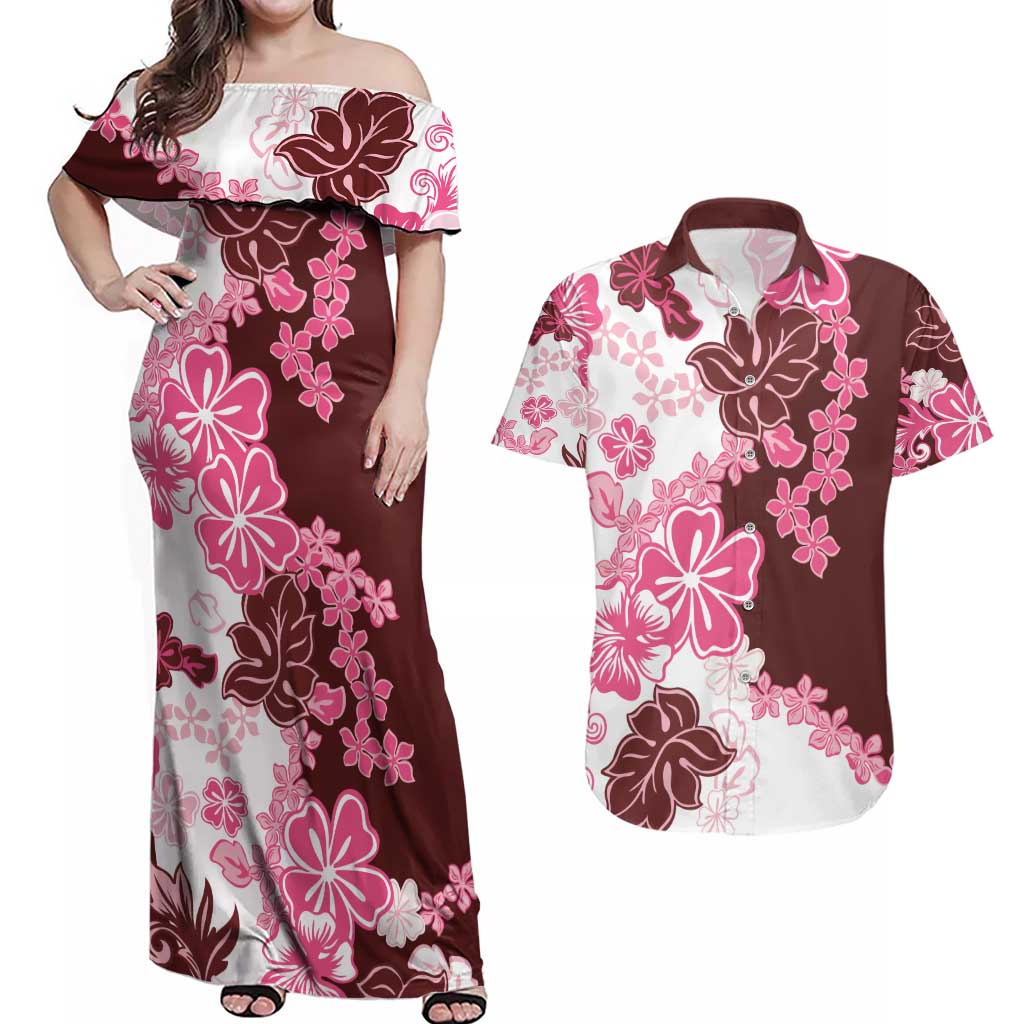 Pink Hibiscus Plumeria Floral Couples Matching Off Shoulder Maxi Dress and Hawaiian Shirt - Polynesian Pride