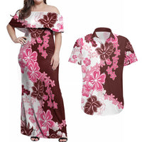 Pink Hibiscus Plumeria Floral Couples Matching Off Shoulder Maxi Dress and Hawaiian Shirt - Polynesian Pride