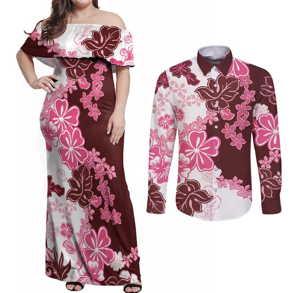 Pink Hibiscus Plumeria Floral Couples Matching Off Shoulder Maxi Dress and Long Sleeve Button Shirt - Polynesian Pride