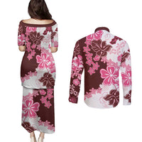 Pink Hibiscus Plumeria Floral Couples Matching Puletasi and Long Sleeve Button Shirt - Polynesian Pride