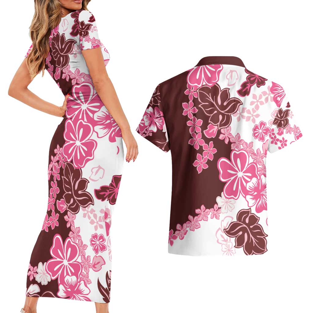 Pink Hibiscus Plumeria Floral Couples Matching Short Sleeve Bodycon Dress and Hawaiian Shirt - Polynesian Pride
