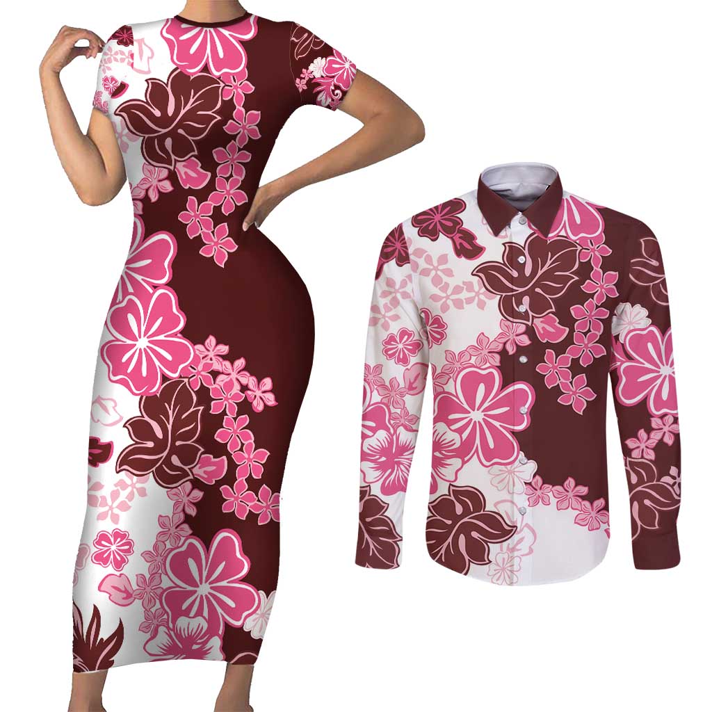 Pink Hibiscus Plumeria Floral Couples Matching Short Sleeve Bodycon Dress and Long Sleeve Button Shirt LT01 Pink - Polynesian Pride