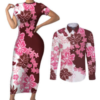 Pink Hibiscus Plumeria Floral Couples Matching Short Sleeve Bodycon Dress and Long Sleeve Button Shirt LT01 Pink - Polynesian Pride