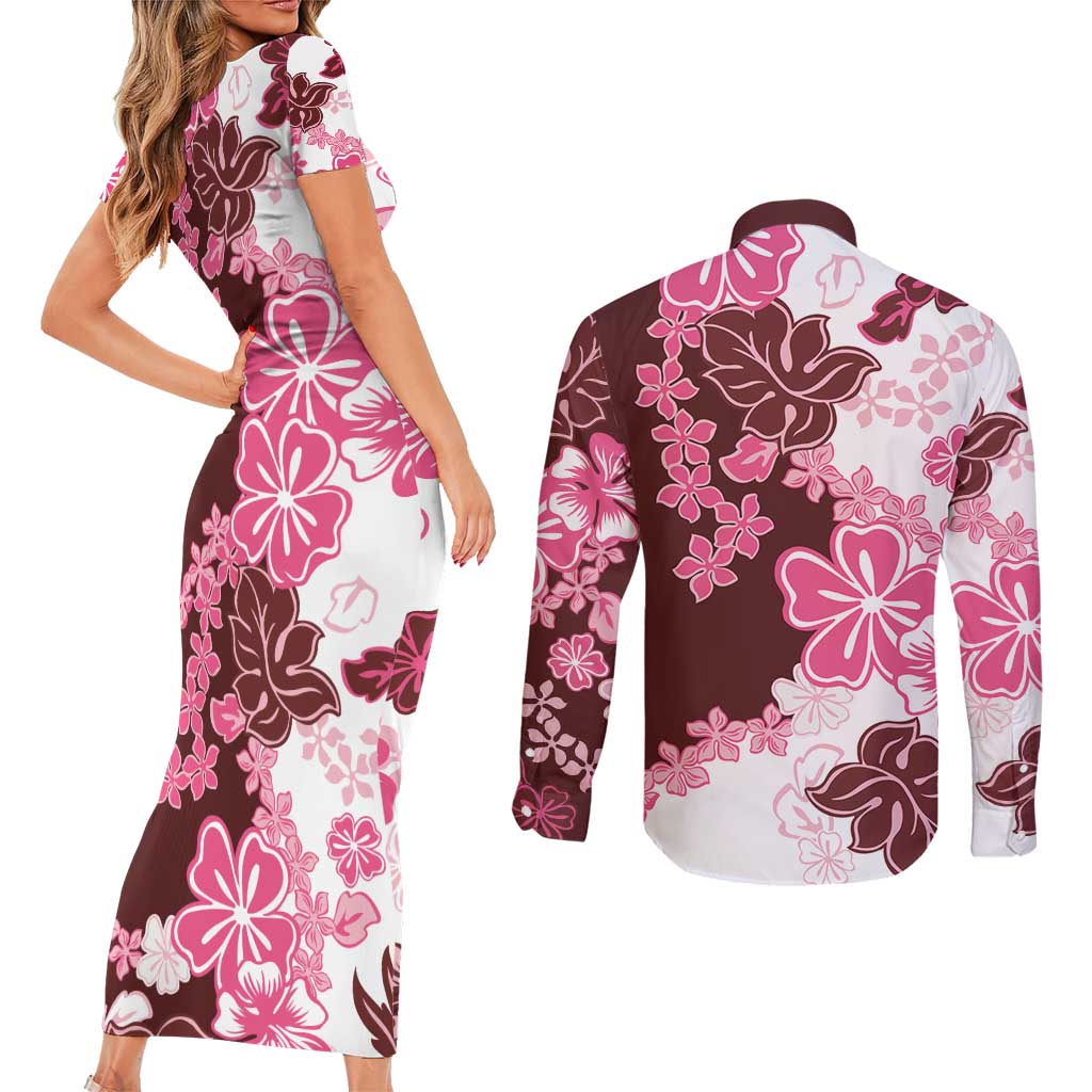 Pink Hibiscus Plumeria Floral Couples Matching Short Sleeve Bodycon Dress and Long Sleeve Button Shirt LT01 - Polynesian Pride