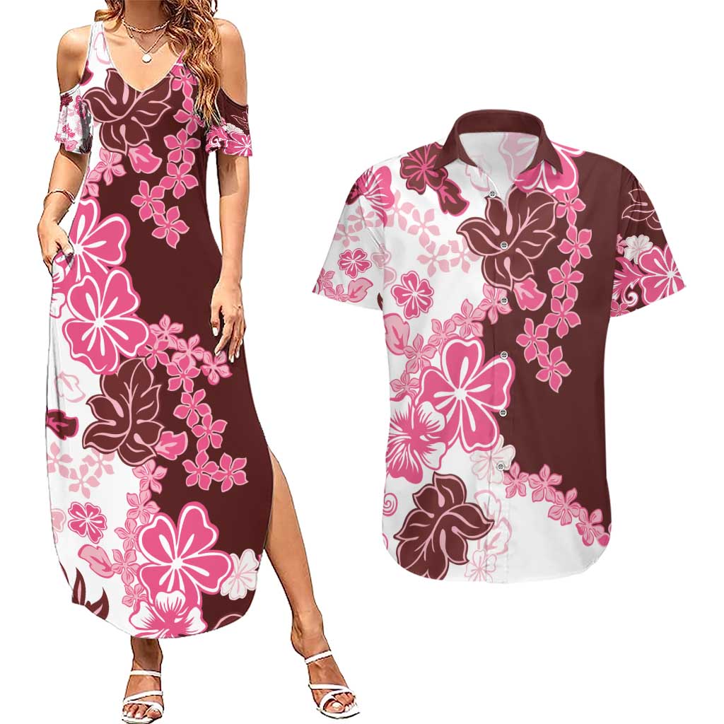 Pink Hibiscus Plumeria Floral Couples Matching Summer Maxi Dress and Hawaiian Shirt - Polynesian Pride