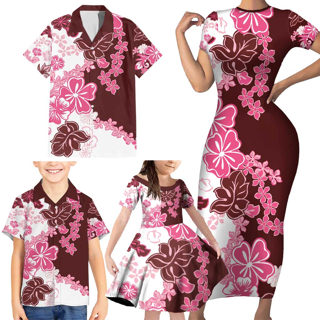 Pink Hibiscus Plumeria Floral Family Matching Short Sleeve Bodycon Dress and Hawaiian Shirt - Polynesian Pride