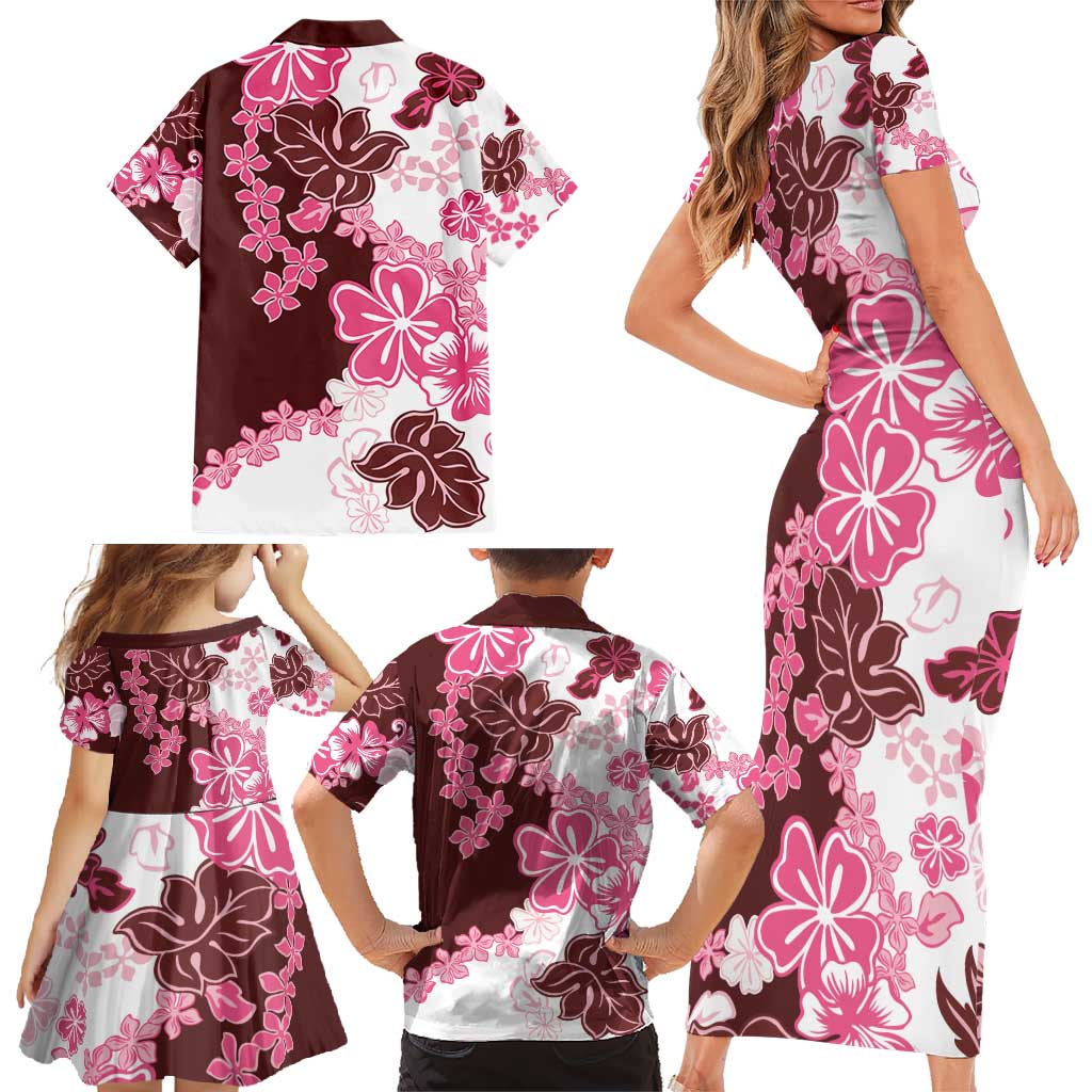 Pink Hibiscus Plumeria Floral Family Matching Short Sleeve Bodycon Dress and Hawaiian Shirt - Polynesian Pride