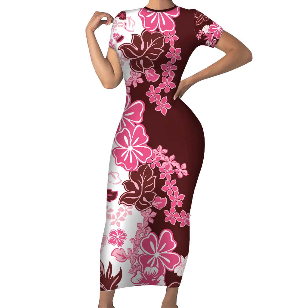 Pink Hibiscus Plumeria Floral Family Matching Short Sleeve Bodycon Dress and Hawaiian Shirt - Polynesian Pride