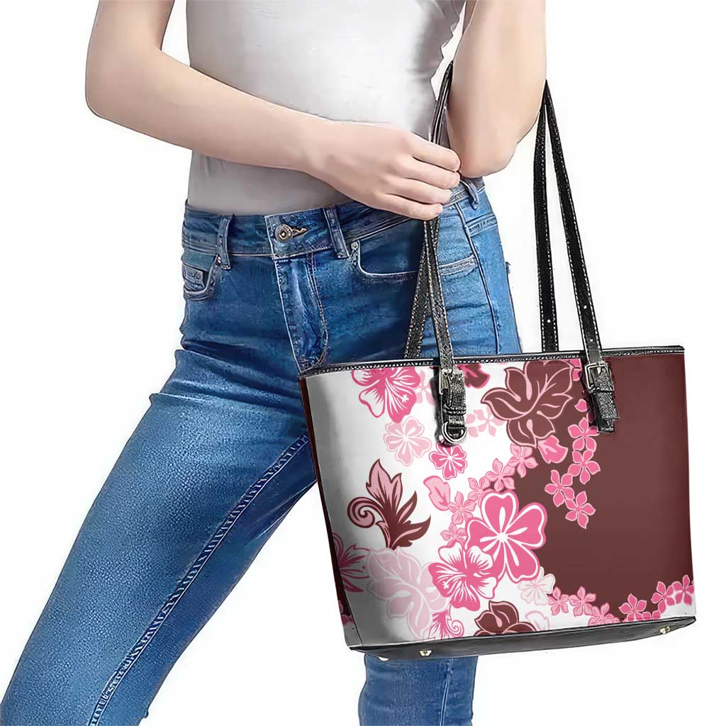 Pink Hibiscus Plumeria Floral Leather Tote Bag - Polynesian Pride