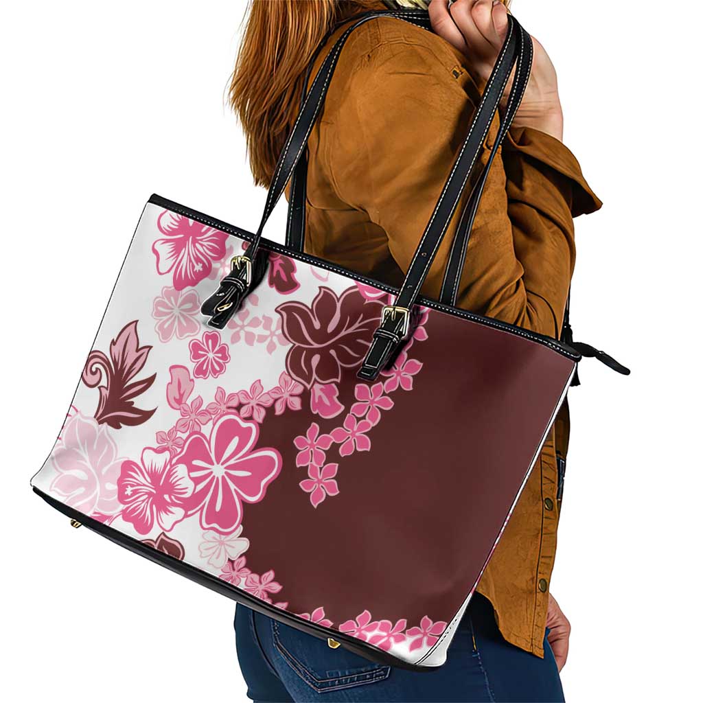 Pink Hibiscus Plumeria Floral Leather Tote Bag - Polynesian Pride