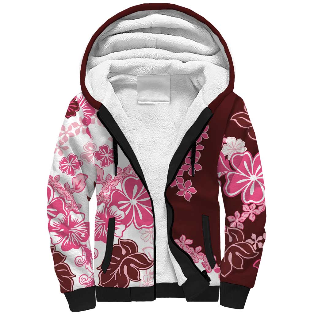 Pink Hibiscus Plumeria Floral Sherpa Hoodie - Polynesian Pride