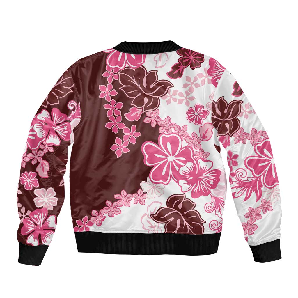 Pink Hibiscus Plumeria Floral Sleeve Zip Bomber Jacket - Polynesian Pride