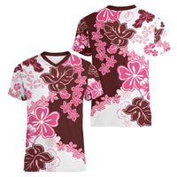 Pink Hibiscus Plumeria Floral Women V-Neck T-Shirt - Polynesian Pride