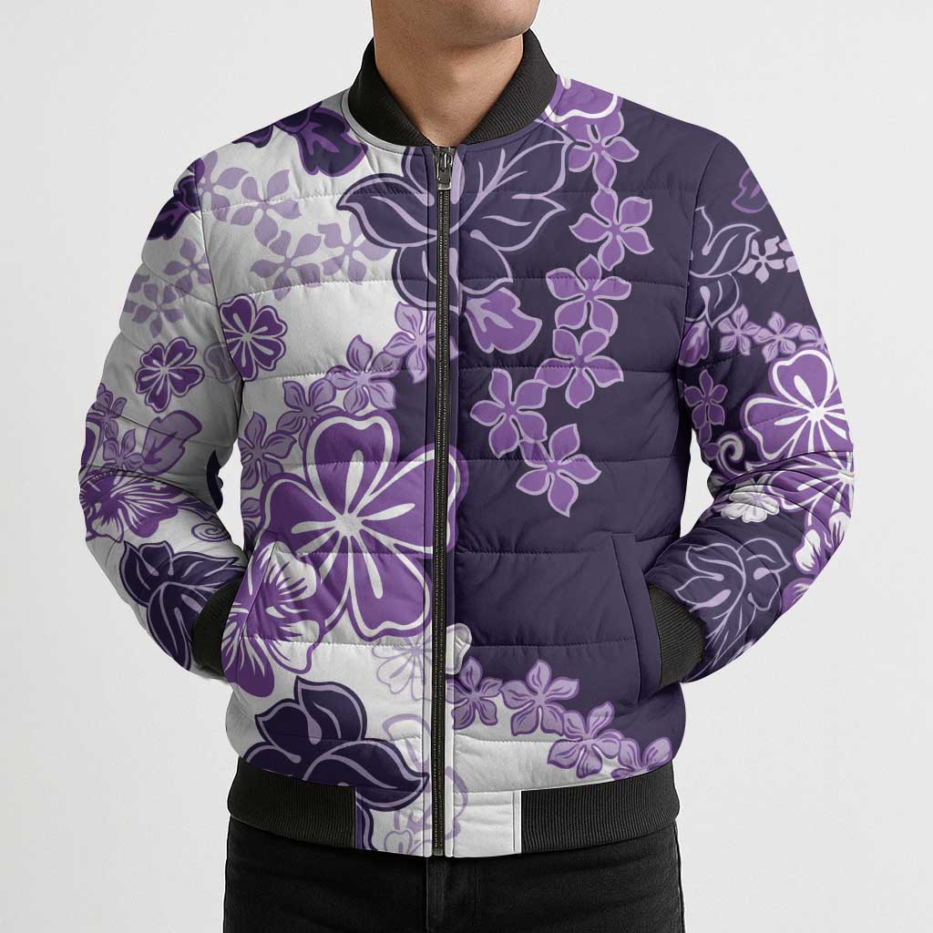 Purple Hibiscus Plumeria Floral Bomber Puffer Jacket LT01 - Polynesian Pride