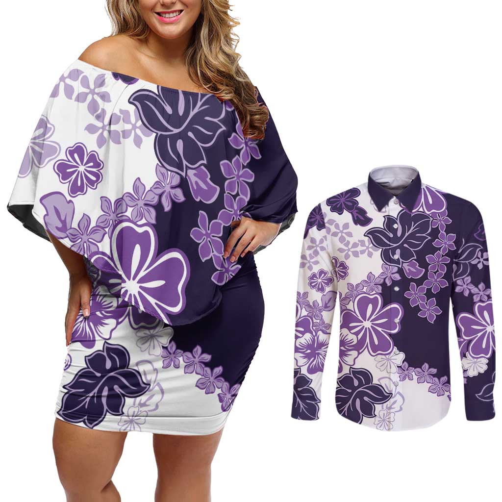 Purple Hibiscus Plumeria Floral Couples Matching Off Shoulder Short Dress and Long Sleeve Button Shirt LT01 Purple - Polynesian Pride