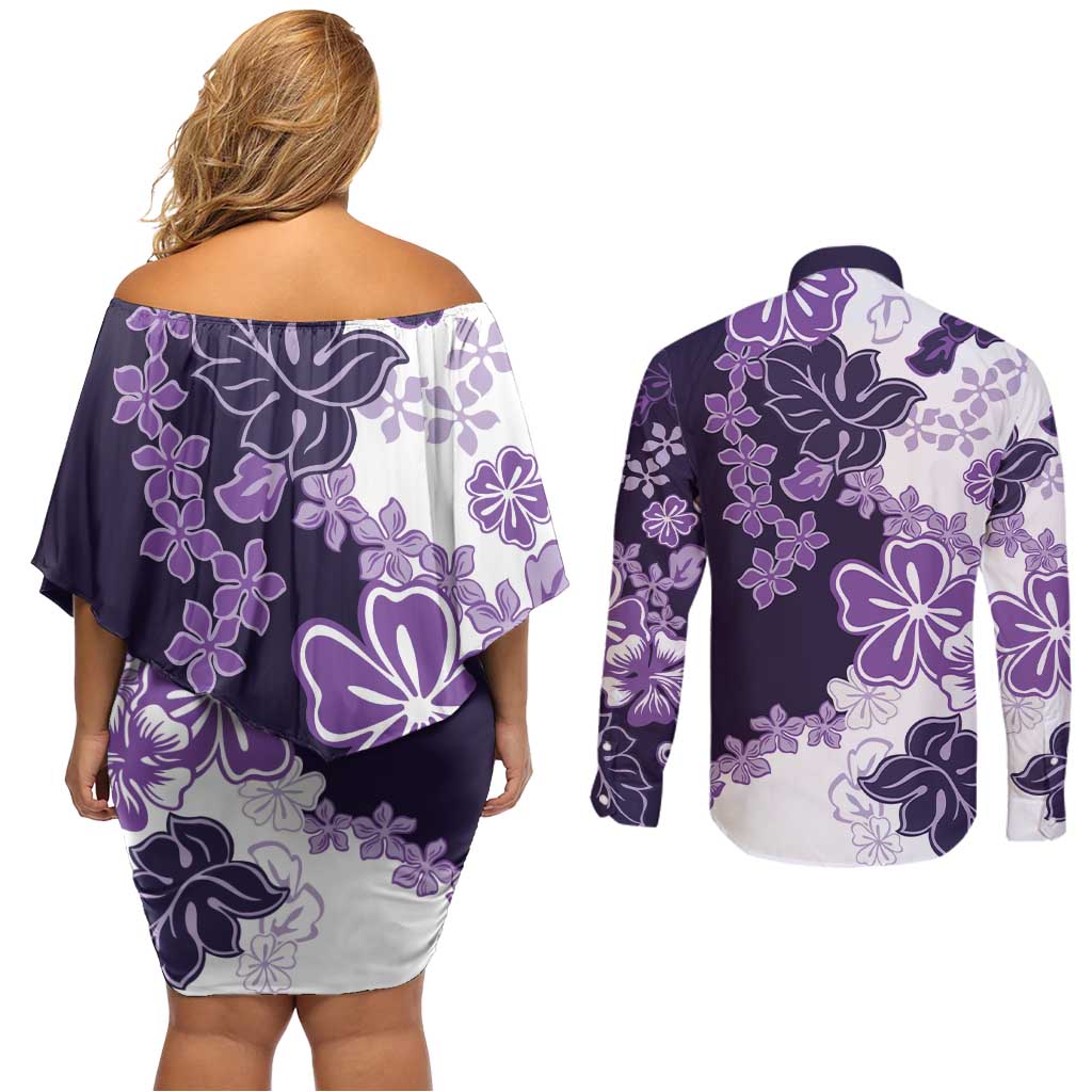 Purple Hibiscus Plumeria Floral Couples Matching Off Shoulder Short Dress and Long Sleeve Button Shirt LT01 - Polynesian Pride