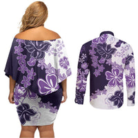 Purple Hibiscus Plumeria Floral Couples Matching Off Shoulder Short Dress and Long Sleeve Button Shirt LT01 - Polynesian Pride