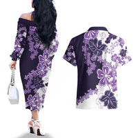Purple Hibiscus Plumeria Floral Couples Matching Off The Shoulder Long Sleeve Dress and Hawaiian Shirt - Polynesian Pride