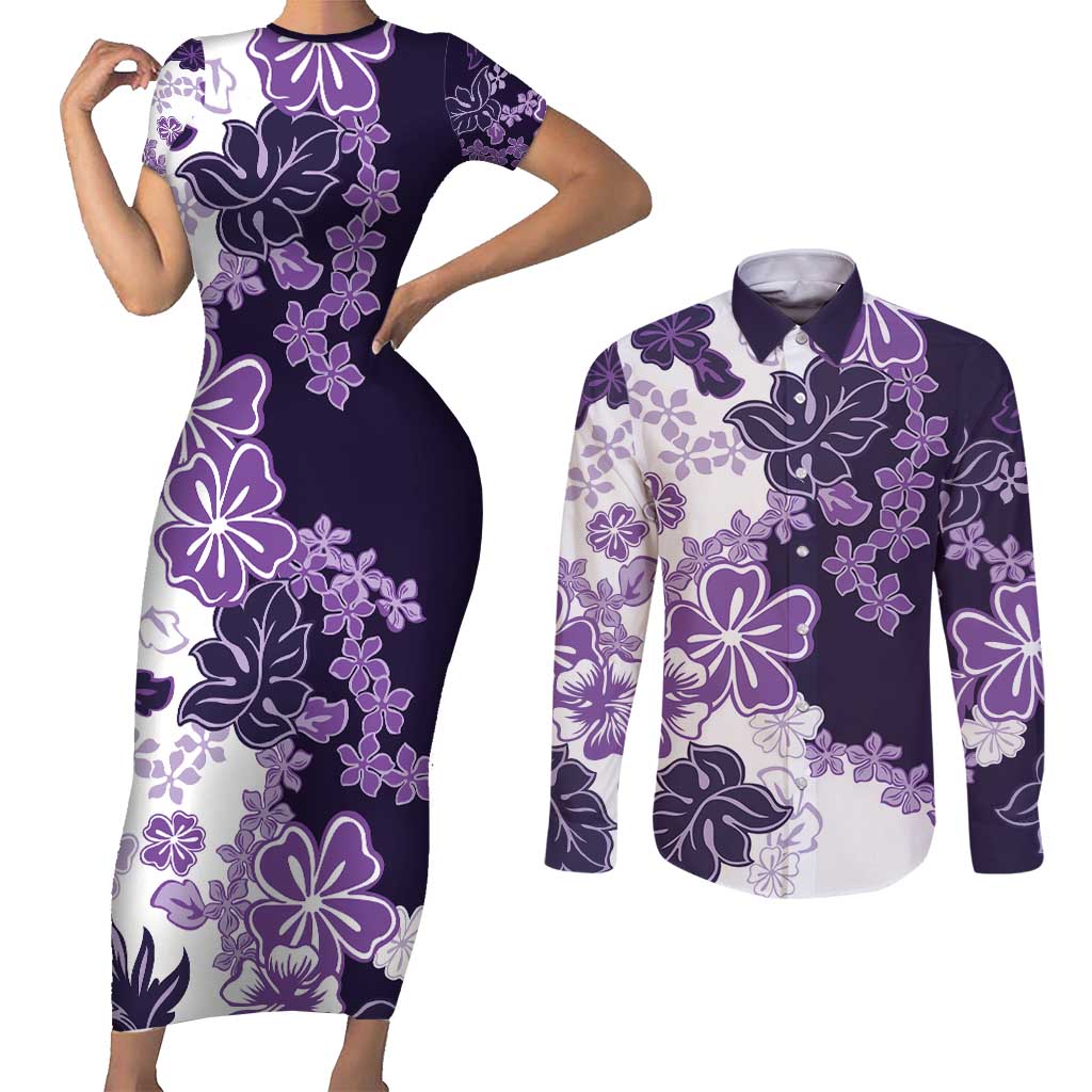 Purple Hibiscus Plumeria Floral Couples Matching Short Sleeve Bodycon Dress and Long Sleeve Button Shirt - Polynesian Pride