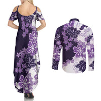 Purple Hibiscus Plumeria Floral Couples Matching Summer Maxi Dress and Long Sleeve Button Shirt - Polynesian Pride