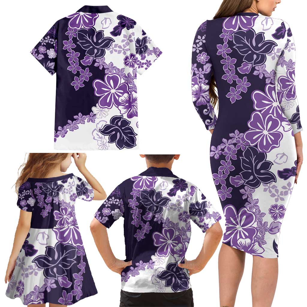 Purple Hibiscus Plumeria Floral Family Matching Long Sleeve Bodycon Dress and Hawaiian Shirt - Polynesian Pride