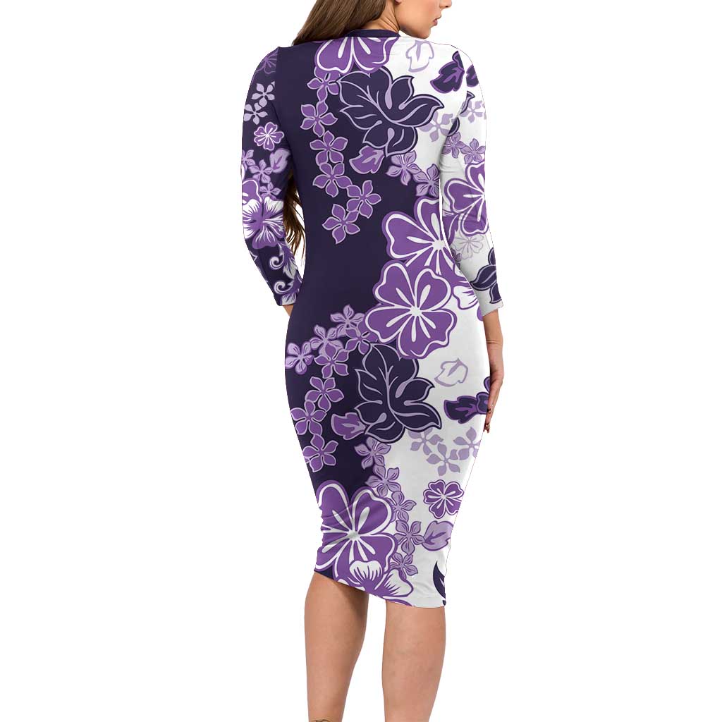 Purple Hibiscus Plumeria Floral Family Matching Long Sleeve Bodycon Dress and Hawaiian Shirt - Polynesian Pride