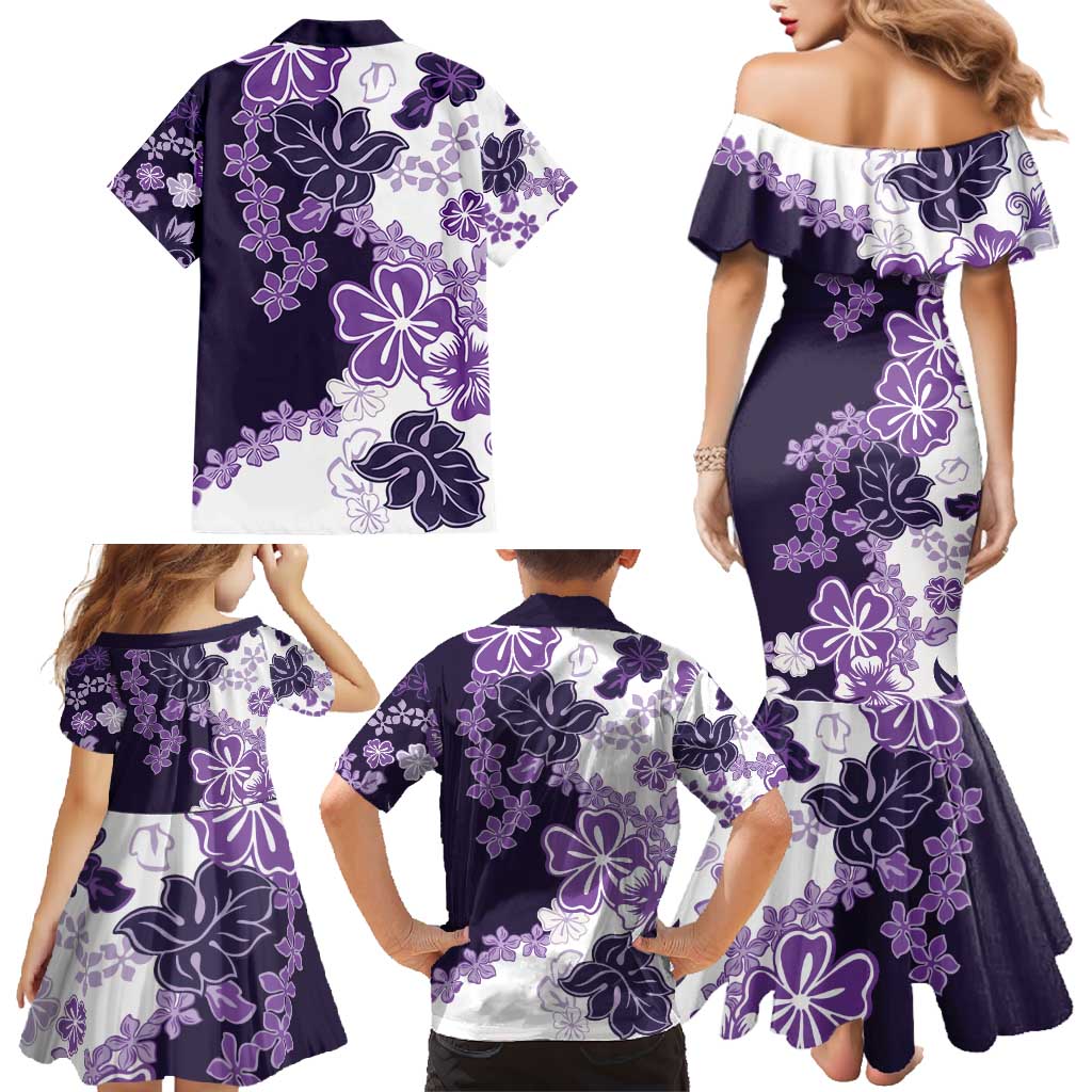 Purple Hibiscus Plumeria Floral Family Matching Mermaid Dress and Hawaiian Shirt - Polynesian Pride