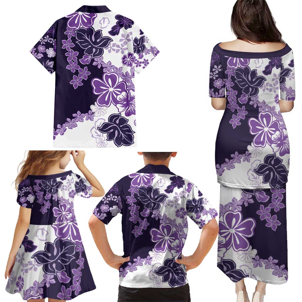 Purple Hibiscus Plumeria Floral Family Matching Puletasi and Hawaiian Shirt - Polynesian Pride