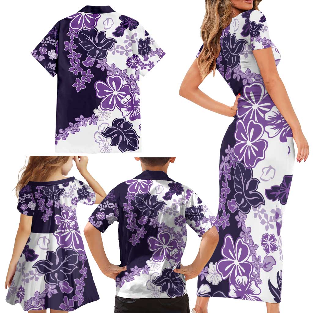 Purple Hibiscus Plumeria Floral Family Matching Short Sleeve Bodycon Dress and Hawaiian Shirt - Polynesian Pride