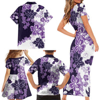 Purple Hibiscus Plumeria Floral Family Matching Short Sleeve Bodycon Dress and Hawaiian Shirt - Polynesian Pride