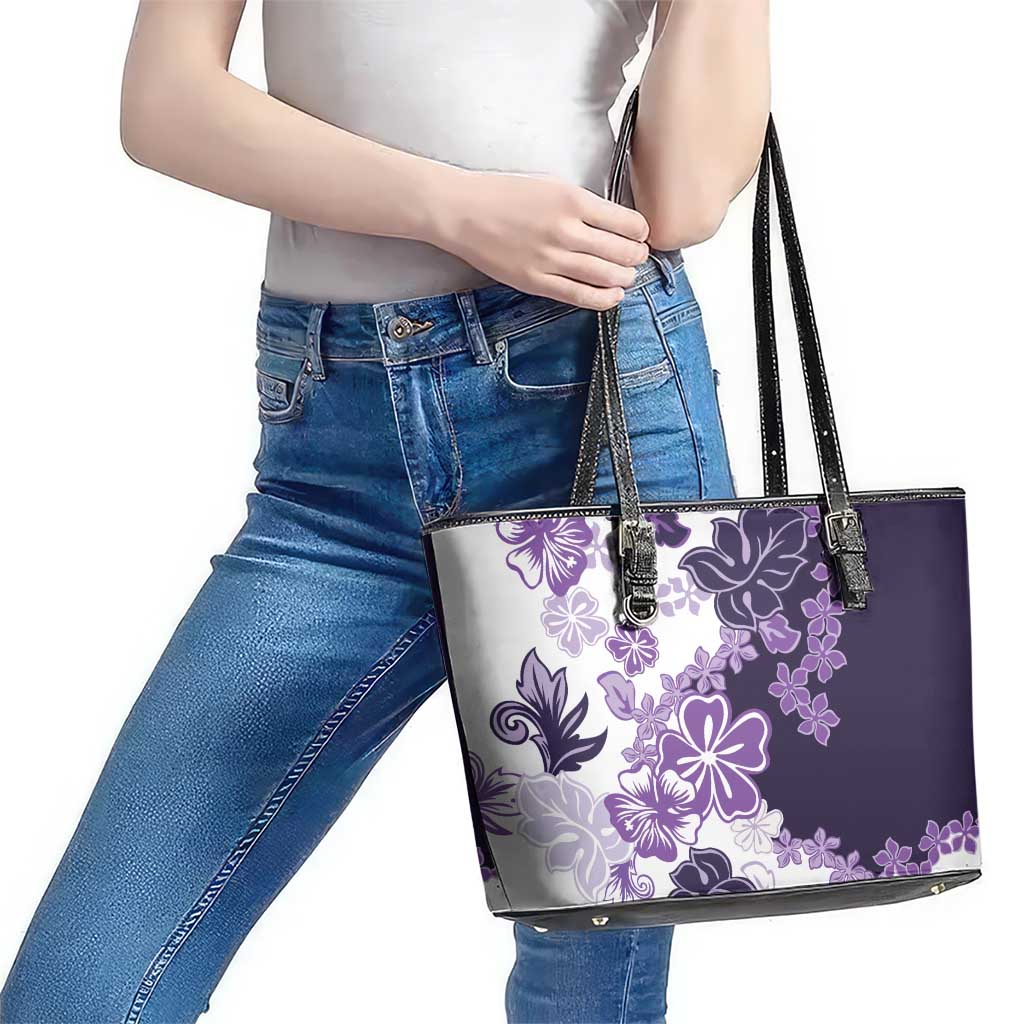 Purple Hibiscus Plumeria Floral Leather Tote Bag - Polynesian Pride
