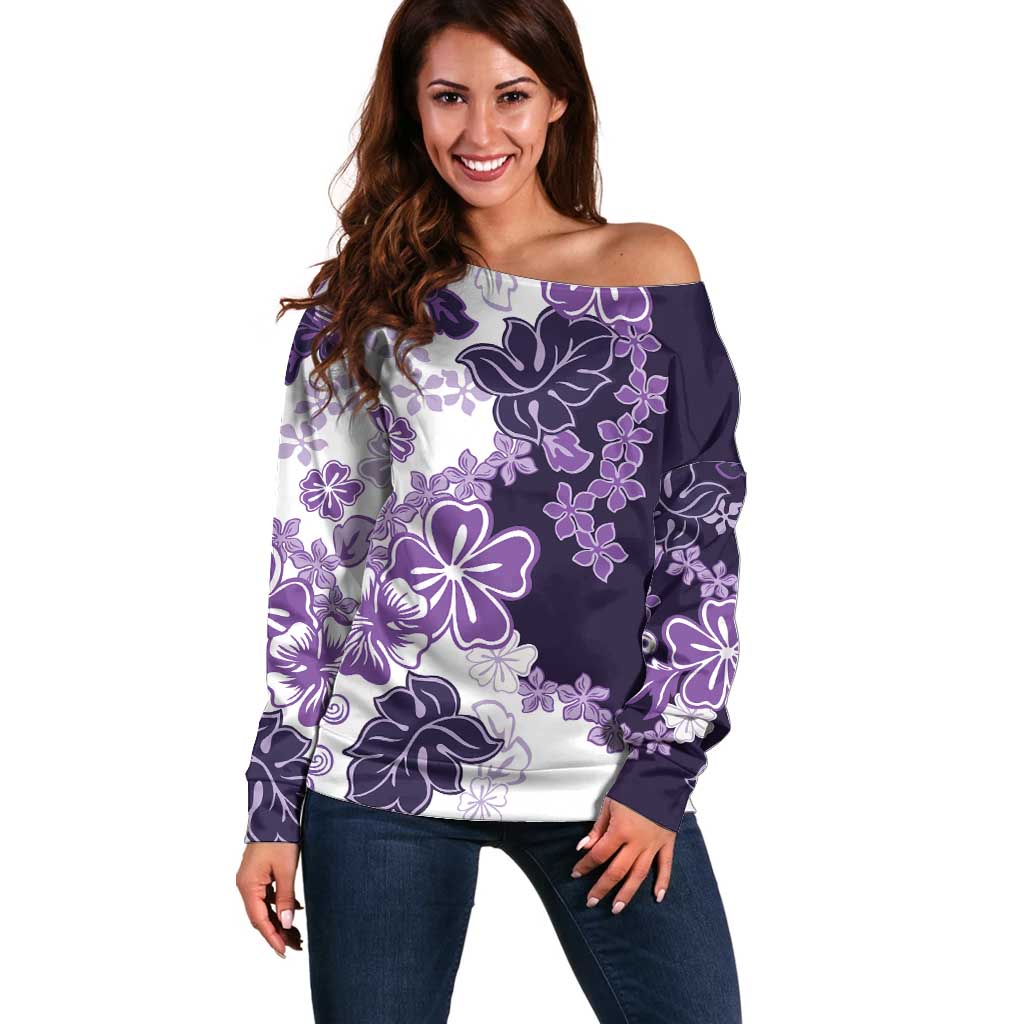 Purple Hibiscus Plumeria Floral Off Shoulder Sweater - Polynesian Pride