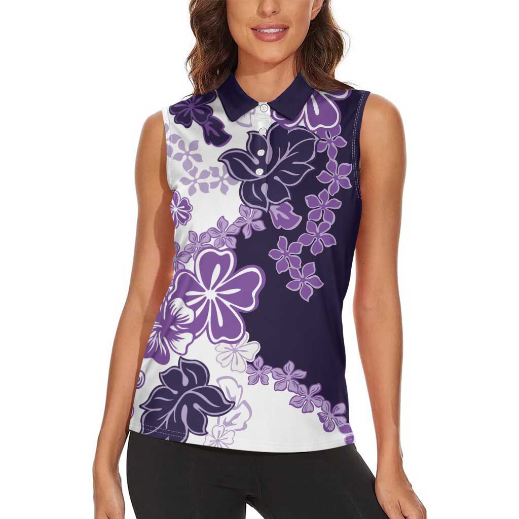 Purple Hibiscus Plumeria Floral Women Sleeveless Polo Shirt - Polynesian Pride