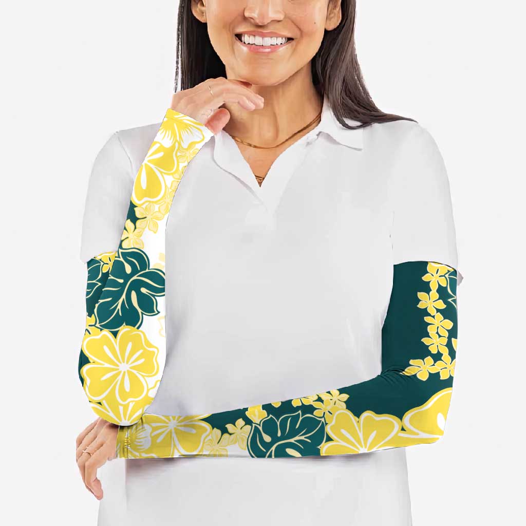 Yelow Teal Hibiscus Plumeria Floral Arm Sleeves - Polynesian Pride