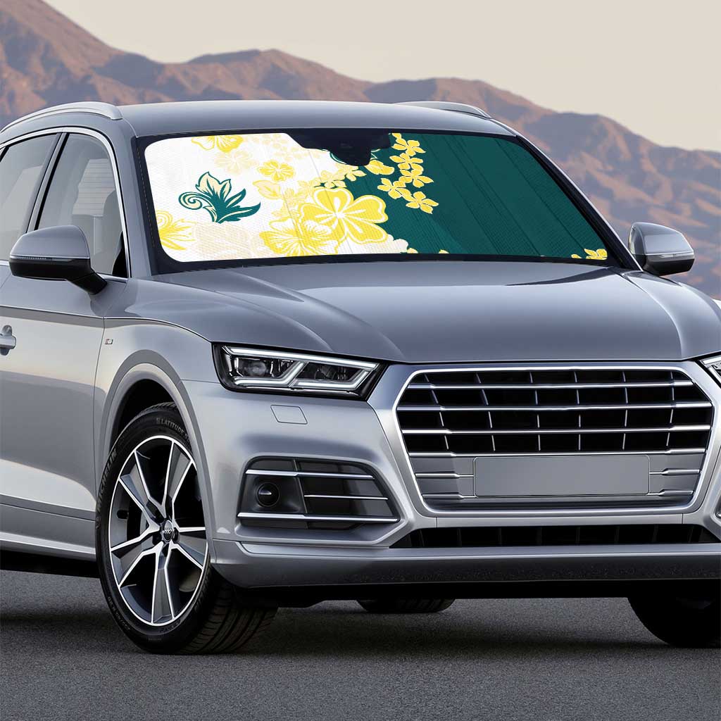 Yelow Teal Hibiscus Plumeria Floral Auto Sun Shade - Polynesian Pride