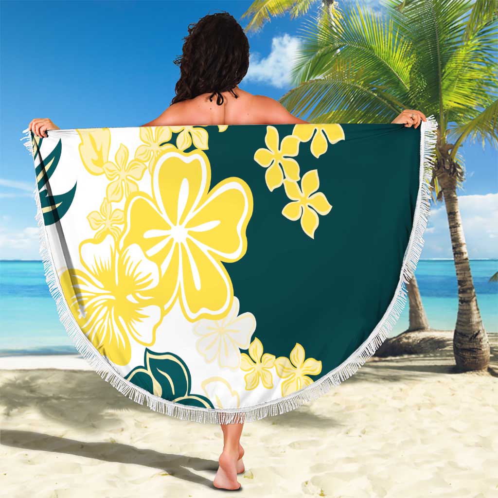 Yelow Teal Hibiscus Plumeria Floral Beach Blanket - Polynesian Pride