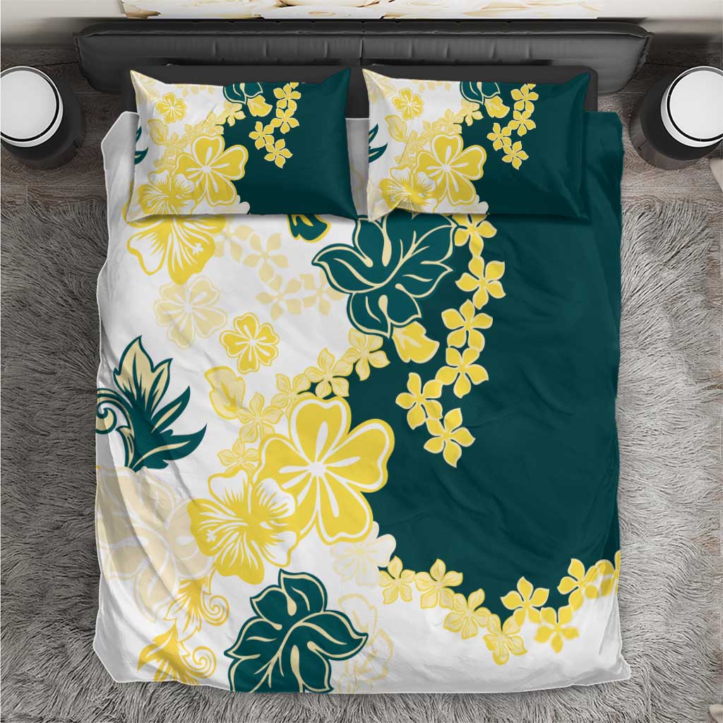 Yelow Teal Hibiscus Plumeria Floral Bedding Set - Polynesian Pride